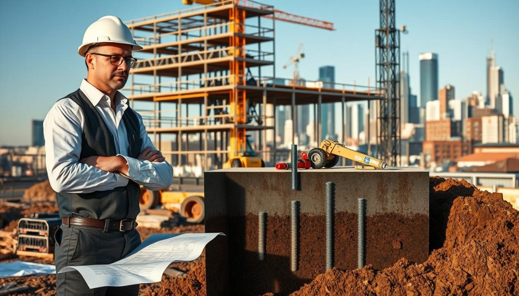 A structured scene depicting the certified process of screw pile underpinning, showcasing four distinct phases. In the foreground, a confident structural engineer in professional attire reviews blueprints at a construction site, with tools and equipment neatly arranged. The middle layer illustrates the installation of screw piles, with workers using machinery to drill into the ground; the emphasis is on their focused expressions and skilled teamwork. In the background, a city skyline of Sydney can be seen, partially obscured by construction scaffolding, representing the urban context. Lighting is warm and natural, suggesting a clear day, with shadows cast appropriately to enhance depth. The mood is professional and industrious, evoking trust and reliability in structural solutions. A structured scene depicting the certified process of screw pile underpinning, showcasing four distinct phases. In the foreground, a confident structural engineer in professional attire reviews blueprints at a construction site, with tools and equipment neatly arranged. The middle layer illustrates the installation of screw piles, with workers using machinery to drill into the ground; the emphasis is on their focused expressions and skilled teamwork. In the background, a city skyline of Sydney can be seen, partially obscured by construction scaffolding, representing the urban context. Lighting is warm and natural, suggesting a clear day, with shadows cast appropriately to enhance depth. The mood is professional and industrious, evoking trust and reliability in structural solutions.