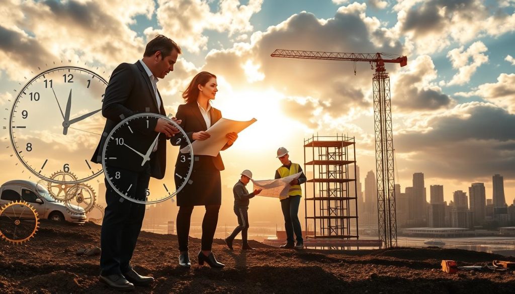 A visually striking image showcasing a series of overlapping timeframes represented by elegant, transparent clocks, gears, and architectural blueprints, symbolizing the precision and clarity in commercial underpinning projects. In the foreground, a pair of professional individuals in business attire are discussing a large blueprint, with tools like a measuring tape and a digital tablet. The middle ground features a construction site with workers carefully inspecting foundations, framed by a steel structure under construction. The background shows a skyline of Sydney, with soft sunlight breaking through clouds, casting warm golden tones and shadows that create an atmosphere of professionalism and diligence. The image is captured with a wide-angle lens to emphasize depth and perspective. A visually striking image showcasing a series of overlapping timeframes represented by elegant, transparent clocks, gears, and architectural blueprints, symbolizing the precision and clarity in commercial underpinning projects. In the foreground, a pair of professional individuals in business attire are discussing a large blueprint, with tools like a measuring tape and a digital tablet. The middle ground features a construction site with workers carefully inspecting foundations, framed by a steel structure under construction. The background shows a skyline of Sydney, with soft sunlight breaking through clouds, casting warm golden tones and shadows that create an atmosphere of professionalism and diligence. The image is captured with a wide-angle lens to emphasize depth and perspective.