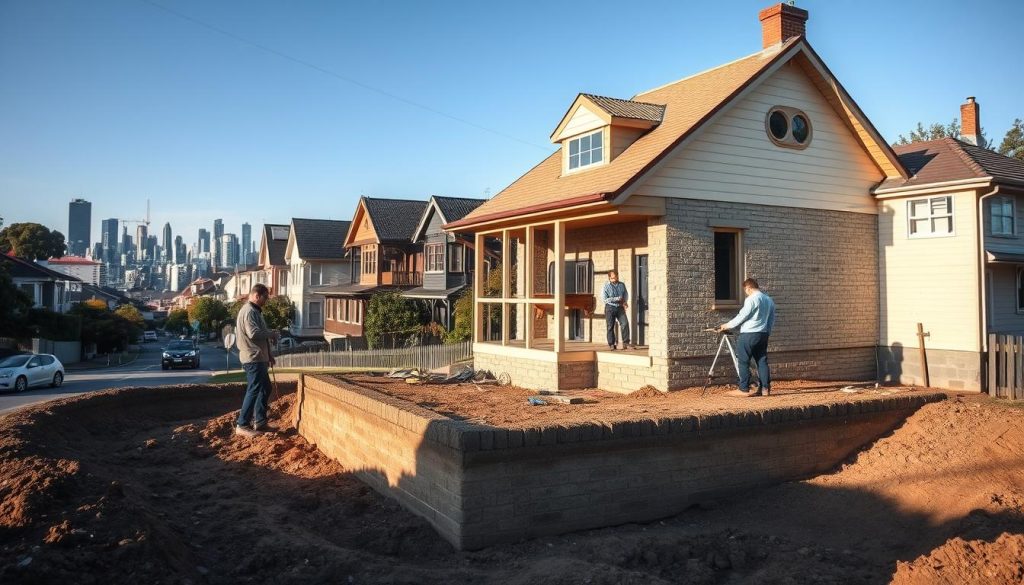 A well-constructed house with a solid foundation, showcasing various underpinning techniques in progress, prominently placed in the foreground. Skilled contractors in professional attire are carefully examining the foundation, with tools and equipment visible, illustrating their expertise. The middle ground features a busy Sydney street with several homes displaying different architectural styles, highlighting the diversity of Sydney's buildings. In the background, the city skyline is visible under a bright blue sky, creating a sense of place. Soft, natural lighting enhances the scene, reflecting a warm, inviting atmosphere that conveys trust and professionalism. The composition is taken from a slightly elevated angle, allowing for a comprehensive view of the work being done on the foundation. A well-constructed house with a solid foundation, showcasing various underpinning techniques in progress, prominently placed in the foreground. Skilled contractors in professional attire are carefully examining the foundation, with tools and equipment visible, illustrating their expertise. The middle ground features a busy Sydney street with several homes displaying different architectural styles, highlighting the diversity of Sydney's buildings. In the background, the city skyline is visible under a bright blue sky, creating a sense of place. Soft, natural lighting enhances the scene, reflecting a warm, inviting atmosphere that conveys trust and professionalism. The composition is taken from a slightly elevated angle, allowing for a comprehensive view of the work being done on the foundation.