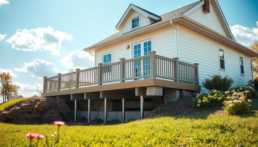 An elegantly renovated house showing clear signs of underpinning, emphasizing the structural supports and foundation work visible through a partial excavation around the base. In the foreground, a well-manicured lawn with blooming flowers adds a vibrant touch. The middle ground features a close-up view of the underpinning process, showcasing steel piers and concrete slabs under the foundation. The background consists of a light blue sky punctuated with fluffy white clouds, casting soft, warm sunlight that creates a welcoming atmosphere. The image should have a slightly elevated angle to emphasize the house's integrity and the underpinning details without any human figures or distractions. The overall mood is informative and reassuring, ideal for conveying the stability and safety of an underpinned property.